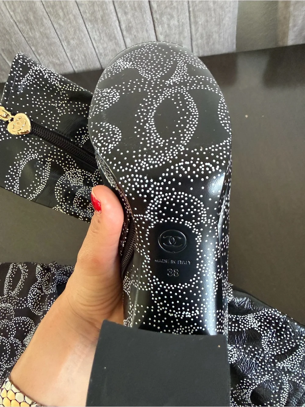 CHANEL Black and White Camellia Dot Block Heel Ankle Boots